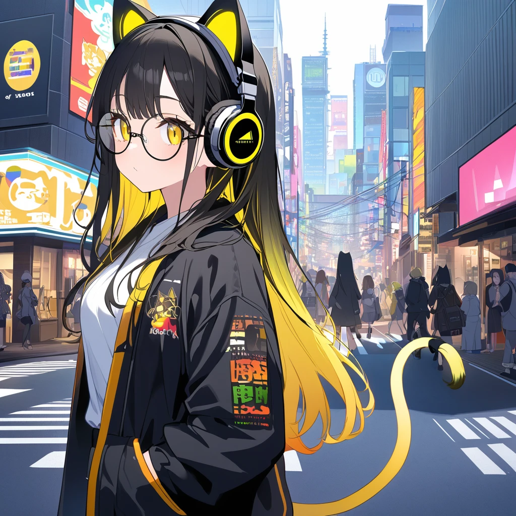 woman with headphones looking at the city of Tokyo,Streetscape、listen to music、Japanese、colorful hair, black long hair, yellow hair tail, Black and yellow highlighted hair color, Black and yellow gradient hair color, wear round glasses, A pair of cat ears on the head