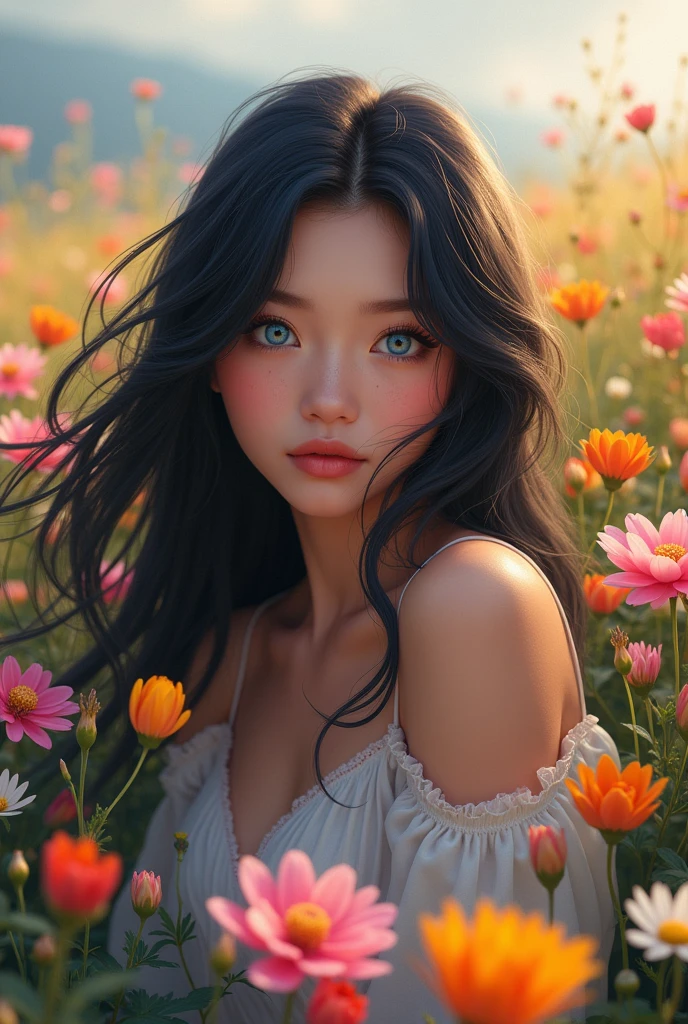 Woman, blue colored eyes, Bblack hair, glad, white, realistica, High definition, in a flower field