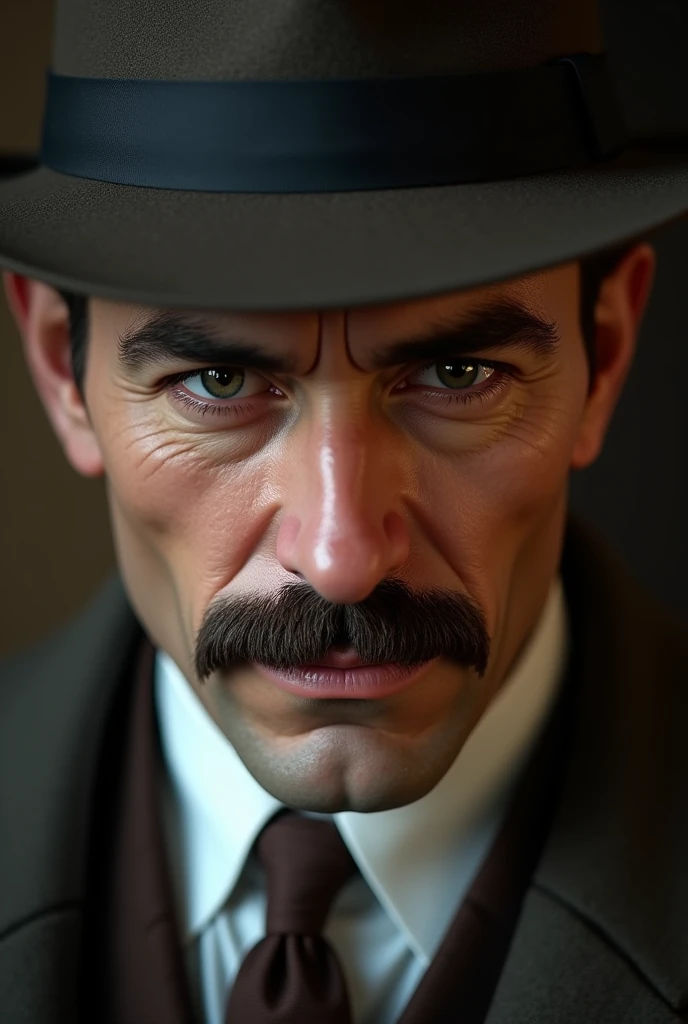 Make me a picture of a man with a mustache and a hat and a suit with only his face visible.