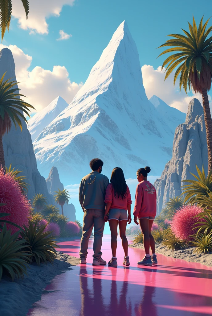 Design a 3d artwork for the book driptape.                                                                                                                                                                 
 As the light fades, the crew finds themselves in a new world—a world of lush landscapes, towering mountains, and skies filled with strange, shimmering lights. The air is different here—thicker, charged with energy that seems to vibrate through their very souls. The UAP descends, landing gently on a vast, open cannabis and exotic plants plain surrounded by towering ice peaks.
Welcome to the other side. The world beyond the ice wall. Everybody steps out of the UAP, their feet touching the ground of this new world for the first time. They look around, taking in the breathtaking beauty and the strange, alien landscape that stretches out before them. They know that they're not just in a different place—they're in a different reality, one where the rules of their old world no longer apply.
The predominantly african american crew stare at this new reality beyond the ice wall. ???????? plants grow as tall as the sky, the colors seem beyond the light spectrum and it feels like energy flows through them. Cashmere lights up a blunt and hugs Mishawa as they look with amazement, their necklaces sparkling in the aura. This is the conclusion of one amazing adventure and the beginning of another. Dressed in their freshest east oakland dope boy attire the crew watches the universe open up in the sky.
