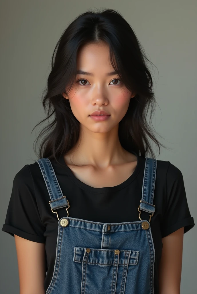 a one woman, brown with loose, wavy black hair parted to the side, narrow, slanted brown eyes, short and thin stature of Peruvian descendants, sharp face
. Wearing a black blouse and denim dungarees