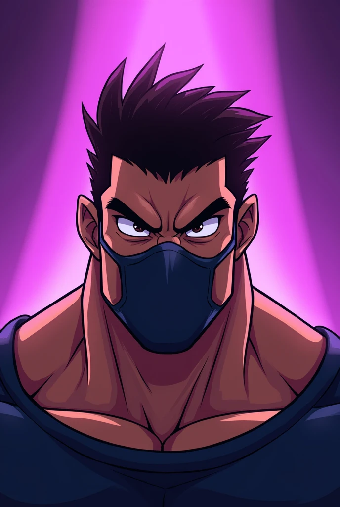 PURPLE BACKGROUND WITH RAYS, VERY MASCULINE CARTOON CHARACTER WITH DARK BROWN HAIR, DARK BROWN EYES WITH WHITE SKIN COLOR, WITH A MASK ON YOUR MOUTH