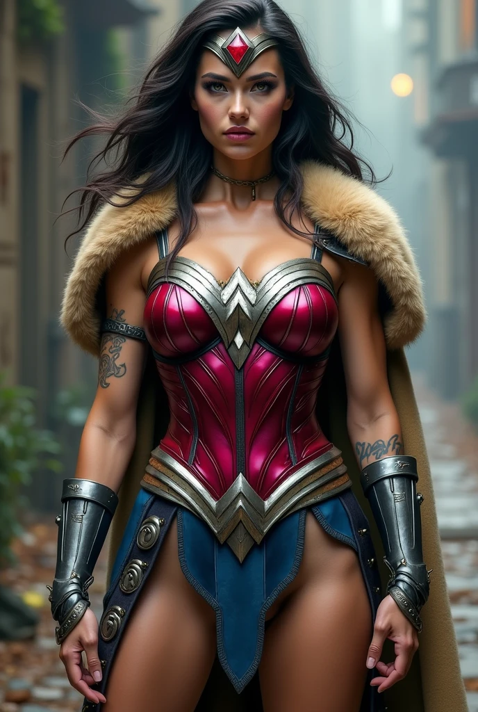 (((Fuchsia Corset))),(((De primerísimo primer plano una hermosa mujer wonder woman Vikingo))) (((Fitness build with muscles in his arms and legs))),(((Wearing a red corset))),(((Emblema wonder woman gigante color plata en su busto))),(((Large long metal bracelets in black))),(((Black metal boots))),(((Wide and thick silver-colored metal diaema on her forehead))),(((With a large red star-shaped jewel))),(((Giant Broad-Brimmed Sword))),(((Tattoos on one of his arms))),(((Beige sheepskin cape))),(((Sheepskin on his shoulders))),(((Falda wonder woman sobre el traje enterizo))),(((wonder woman)))