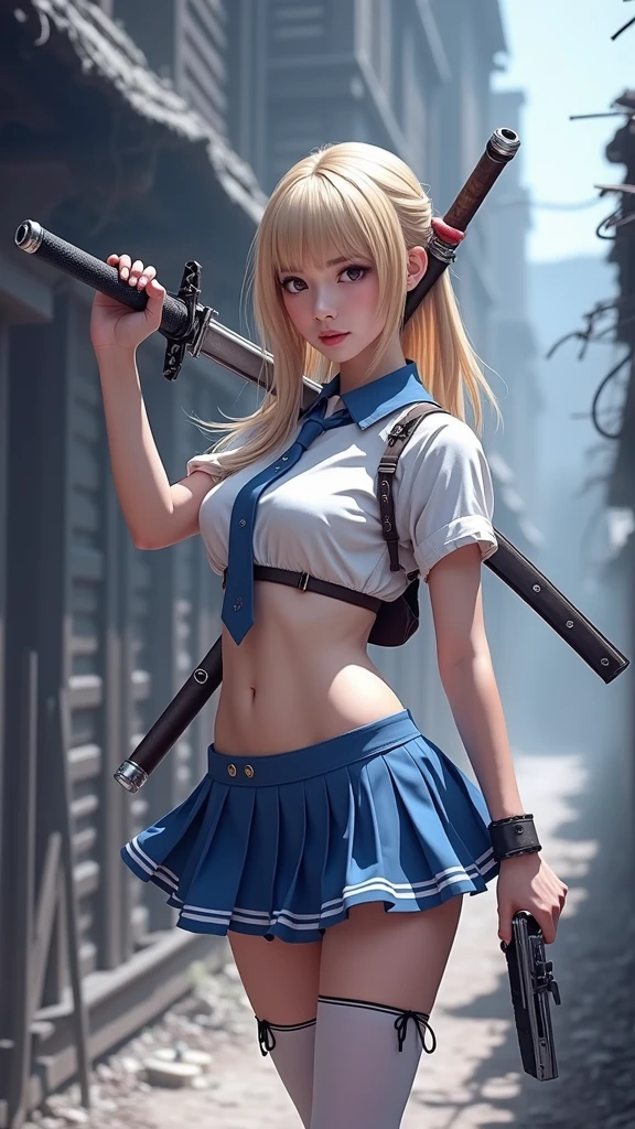 blond woman in a blue dress holding a sword and a gun,vestuario samurái colegiala japonesa, (mini skirt plizada :1.4),(Babydoll Sucker Punch) ,(corbata colegiala :1.4) ) ,mostrando vientre plano, ciri from the witcher, elisha cuthbert as a rpg warrior, ciri, imogen poots as a holy warrior, dove cameron in a knight armor, imogen poots as a d&d paladin, imogen poots as a paladin, (Sucker Punch:1.4), high quality, (RAW photo, best quality), (realistic, photorealistic: 1.4), (extremely delicate and beautiful: 1.4), amazing, fine details, masterpiece, ultra detailed, high resolution, best illustration, best shadow, intricate, ( extremely intricate: 1.2), (exquisitely detailed skin), cinematic light, perfect anatomy, (cool color: 1.4), sharp focus, 8k UHD, DSLR, (Fujifilm XT3),(fondo trincheras utilizadas en la Segunda Guerra Mundial en las líneas de combate), (alambre de púas trinchera :1.4),( Medias altas de muslo por encima de la rodilla), (estilo cinematográfico :1.4), (efectos cinematográfico :1.4), (colores cinematográfico), (mostrando panties),