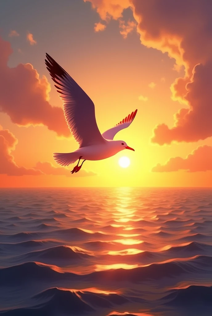 arafed bird flying over the ocean at sunset with the sun setting, flying through sunset, in a golden sunset sky, soaring, sunset photo, wallpaper - 1 0 2 4, seagull, flight, sun set, silhouette over sunset, bird, soaring through the sky, birds flying in the sunlight, avian, at a beautiful sunset, by Hans Schwarz, in the sunset