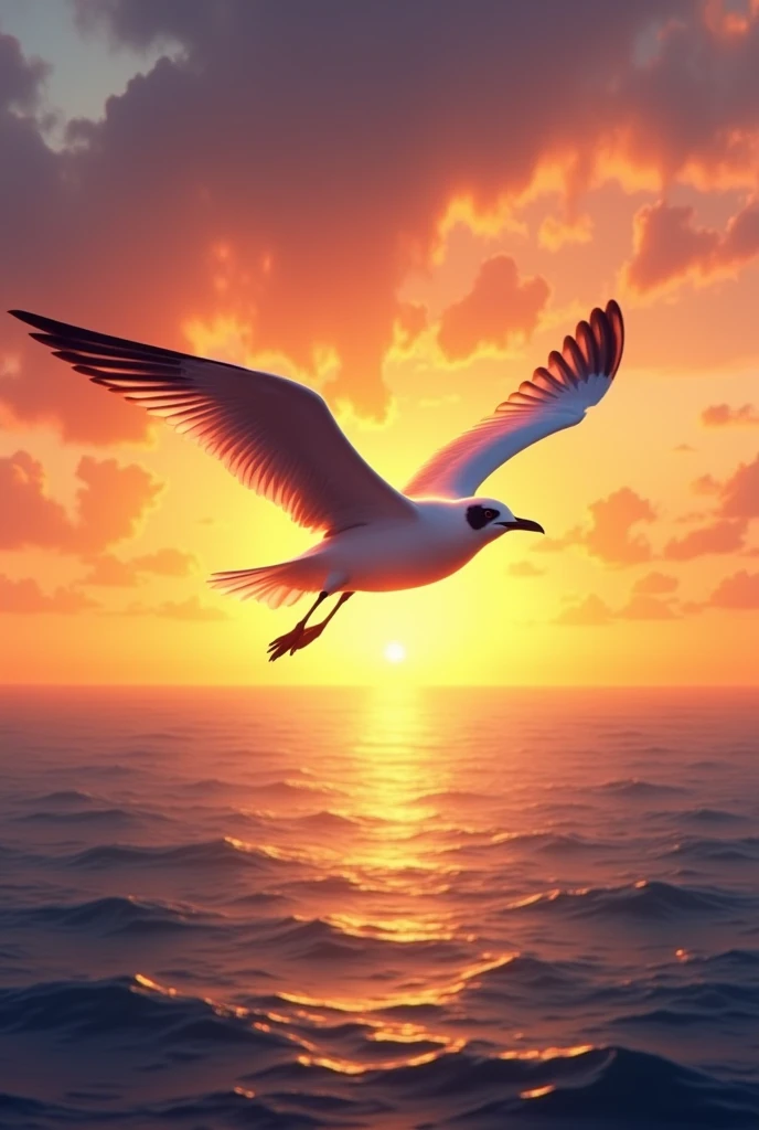 arafed bird flying over the ocean at sunset with the sun setting, flying through sunset, in a golden sunset sky, soaring, sunset photo, wallpaper - 1 0 2 4, seagull, flight, sun set, silhouette over sunset, bird, soaring through the sky, birds flying in the sunlight, avian, at a beautiful sunset, by Hans Schwarz, in the sunset