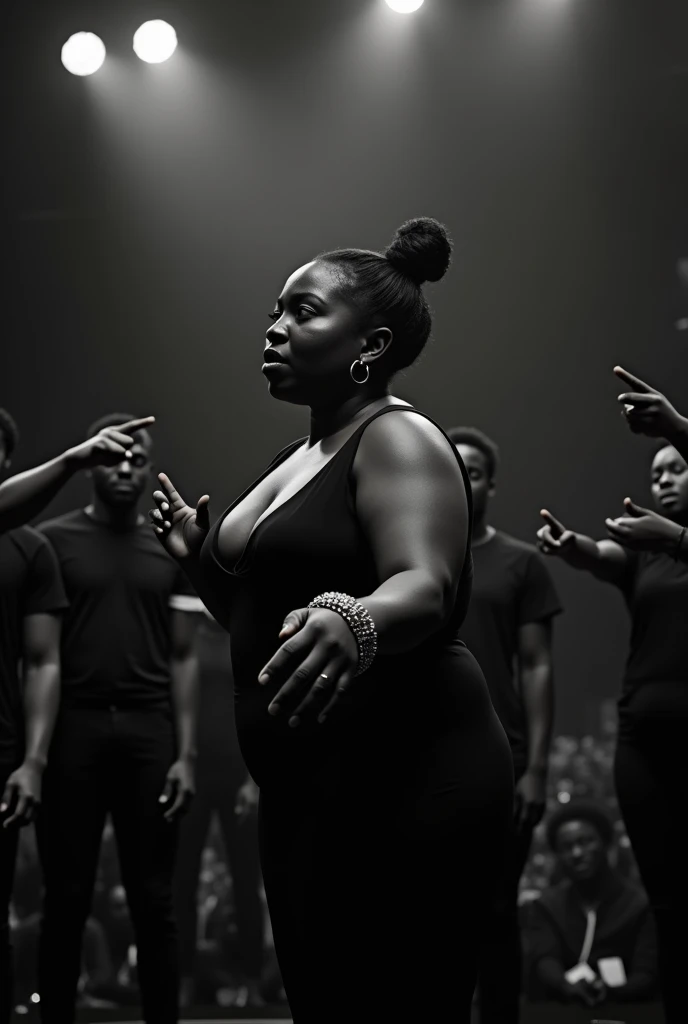 A black woman in a play on stage chubby big ring over her with her l hair in a low bun in a black dress acting shocked while 5 black people in black clothes on stage point at her with their mouth covered while the audience is around them with the words RING GIRL on the screen