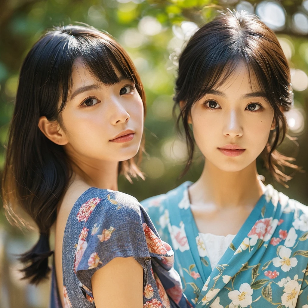 A hyper-realistic image of a single Japanese woman in her early 20s, captured from the shoulders up with the nostalgic warmth and subtle graininess of a film camera. She is wearing a traditional yukata with a vibrant, cute design featuring bold and colorful floral patterns such as cherry blossoms and peonies in shades of pink, red, and lavender, set against a soft pastel background. The obi is elegantly tied with a complementary color, adding a playful touch. The fabric of the yukata appears naturally lightweight, with visible folds and textures that enhance its realism, draping gracefully over her shoulders. Her skin, seen clearly from the shoulders up, has a warm beige tone with a highly realistic, slightly rough texture, showcasing visible pores, fine lines, and minor blemishes, along with subtle unevenness, such as delicate dryness around the cheeks and small natural shadows under the eyes. The lighting is soft and subdued, replicating the gentle, diffused natural light of an overcast day or early evening, creating realistic shadows across her face. These shadows subtly contour her cheekbones, nose, and jawline, adding depth and dimension to her facial features, enhancing the lifelike quality of her skin texture. Her straight, glossy black hair frames her face naturally, slightly tousled, adding to the authenticity of her look. Her deep brown eyes reflect the ambient light, providing depth and a natural, lifelike shine. The film camera effect introduces a noticeable grain and a soft focus, giving the image a warm, nostalgic atmosphere while maintaining the raw, lifelike quality of her skin. The composition is centered solely on her, capturing her serene and understated elegance, focusing closely on the detailed textures of the yukata and the authentic, natural skin texture, with dynamic lighting and shadow play that mimics a real-life photograph.