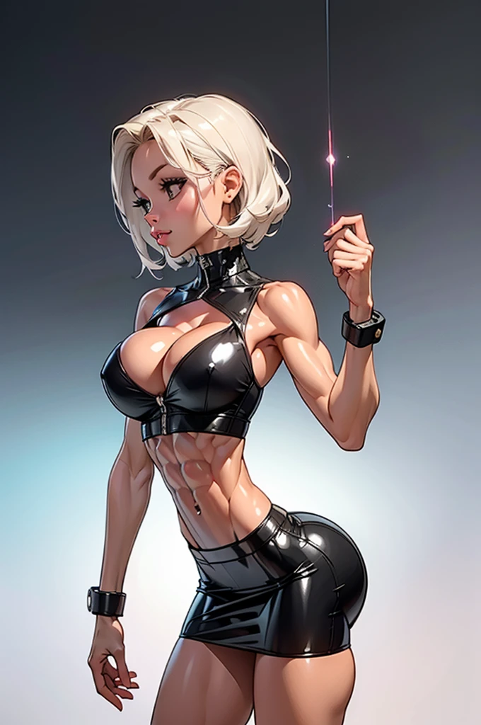 (Masterpiece:1.2), (best quality:1.2), (side view:1.0), bubblebutt, ((masterpiece, best quality):1.3) a girl, ((translucent skin:1.4)), ((8-pack abs:1.4)), tight waist, tron circuit, (large round breasts:1.6), wearing ((high-tech metal alloys intricate to the body)), (micro shorts and bustier made in biotechnology with tron circuits intricate), (extremely detailed image with rich colors), thin body, lean physique, tiny waist, fit body, fit ass, (low-cut top revealing cleavage:1.0), skinny sex object, (wearing a short latex mini-skirt:1.0), (tiny skirt), slutty skirt with lower half of butt exposed