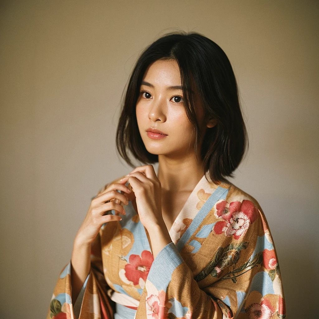 A hyper-realistic image of a single Japanese woman in her early 20s, captured from the shoulders up with the nostalgic warmth and subtle graininess of a film camera. She is wearing a traditional yukata with a vibrant, cute design featuring bold and colorful floral patterns such as cherry blossoms and peonies in shades of pink, red, and lavender, set against a soft pastel background. The obi is elegantly tied with a complementary color, adding a playful touch. The fabric of the yukata appears naturally lightweight, with visible folds and textures that enhance its realism, draping gracefully over her shoulders. Her skin, seen clearly from the shoulders up, has a warm beige tone with a highly realistic, slightly rough texture, showcasing visible pores, fine lines, and minor blemishes, along with subtle unevenness, such as delicate dryness around the cheeks and small natural shadows under the eyes. The lighting is soft and subdued, replicating the gentle, diffused natural light of an overcast day or early evening, creating realistic shadows across her face. These shadows subtly contour her cheekbones, nose, and jawline, adding depth and dimension to her facial features, enhancing the lifelike quality of her skin texture. Her straight, glossy black hair frames her face naturally, slightly tousled, adding to the authenticity of her look. Her deep brown eyes reflect the ambient light, providing depth and a natural, lifelike shine. The film camera effect introduces a noticeable grain and a soft focus, giving the image a warm, nostalgic atmosphere while maintaining the raw, lifelike quality of her skin. The composition is centered solely on her, capturing her serene and understated elegance, focusing closely on the detailed textures of the yukata and the authentic, natural skin texture, with dynamic lighting and shadow play that mimics a real-life photograph.