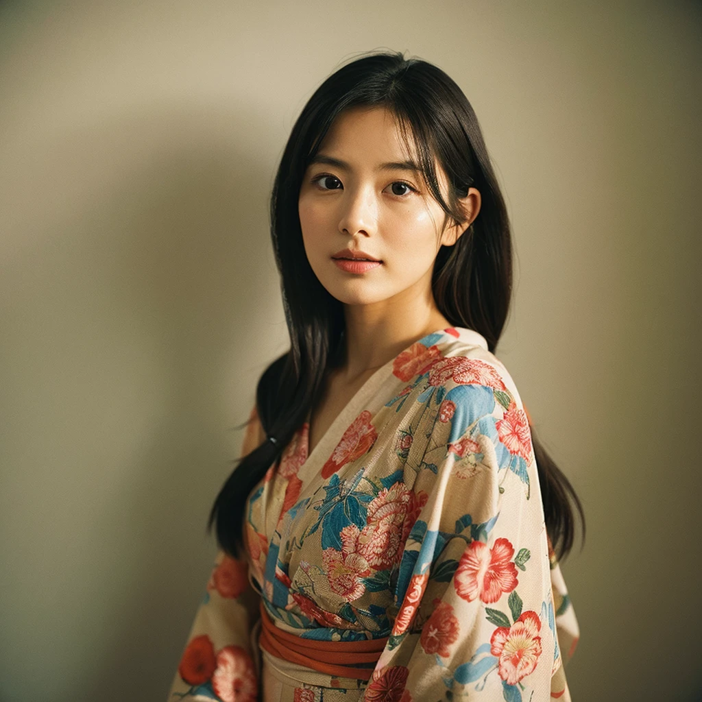 A hyper-realistic image of a single Japanese woman in her early 20s, captured from the shoulders up with the nostalgic warmth and subtle graininess of a film camera. She is wearing a traditional yukata with a vibrant, cute design featuring bold and colorful floral patterns such as cherry blossoms and peonies in shades of pink, red, and lavender, set against a soft pastel background. The obi is elegantly tied with a complementary color, adding a playful touch. The fabric of the yukata appears naturally lightweight, with visible folds and textures that enhance its realism, draping gracefully over her shoulders. Her skin, seen clearly from the shoulders up, has a warm beige tone with a highly realistic, slightly rough texture, showcasing visible pores, fine lines, and minor blemishes, along with subtle unevenness, such as delicate dryness around the cheeks and small natural shadows under the eyes. The lighting is soft and subdued, replicating the gentle, diffused natural light of an overcast day or early evening, creating realistic shadows across her face. These shadows subtly contour her cheekbones, nose, and jawline, adding depth and dimension to her facial features, enhancing the lifelike quality of her skin texture. Her straight, glossy black hair frames her face naturally, slightly tousled, adding to the authenticity of her look. Her deep brown eyes reflect the ambient light, providing depth and a natural, lifelike shine. The film camera effect introduces a noticeable grain and a soft focus, giving the image a warm, nostalgic atmosphere while maintaining the raw, lifelike quality of her skin. The composition is centered solely on her, capturing her serene and understated elegance, focusing closely on the detailed textures of the yukata and the authentic, natural skin texture, with dynamic lighting and shadow play that mimics a real-life photograph.