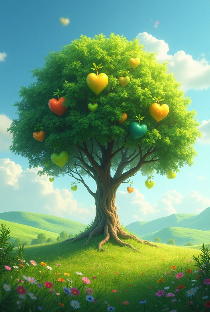 I want a leafy tree with heart-shaped fruits in the center of a meadow
