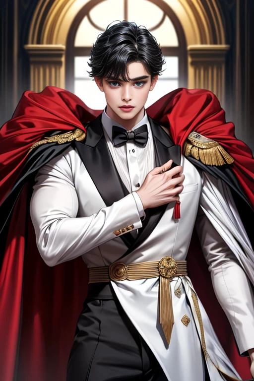 masterpiece, 最high quality, high quality, 1 boy, alone, Male focus, Upper Body,Watching the audience, Messy black hair, Adorable big blue eyes, White, Noble, Noble,A black and red cape that is bursting with sexy volume、Tuxedo、A very voluminous, large, very large, very large, long, long red and black cape with a high stand-up collar, made of a lot of fabric that reaches down to the floor., ,cute beautiful,Cute, cute, kind, handsome guy