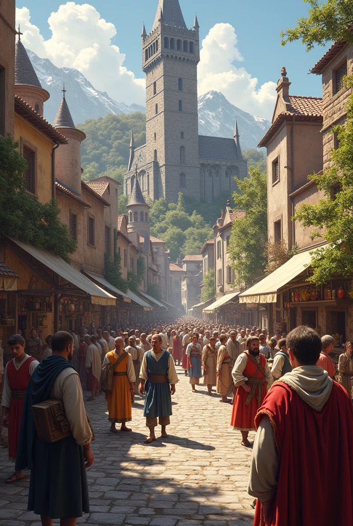 Taking into account the background of groups and conventions in tourism, make an image that reflects the guilds and guilds of the 5th century. Make it as specific as possible., Please make the image horizontal