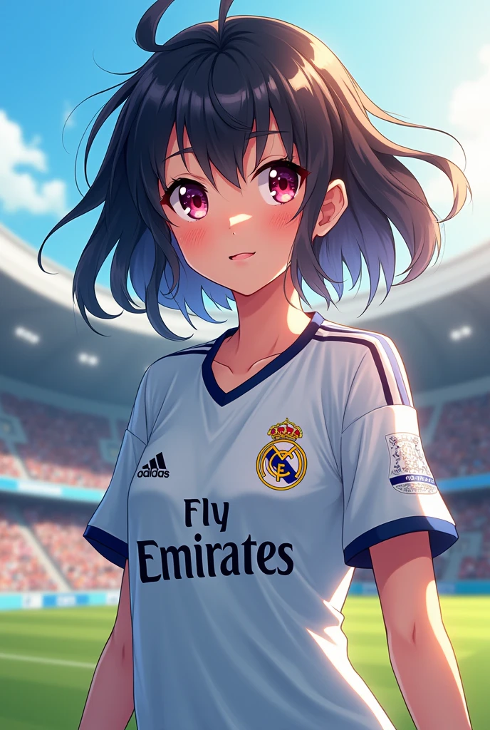 Anime girl with a Real Madrid shirt and a stadium with a bit of blur in the background