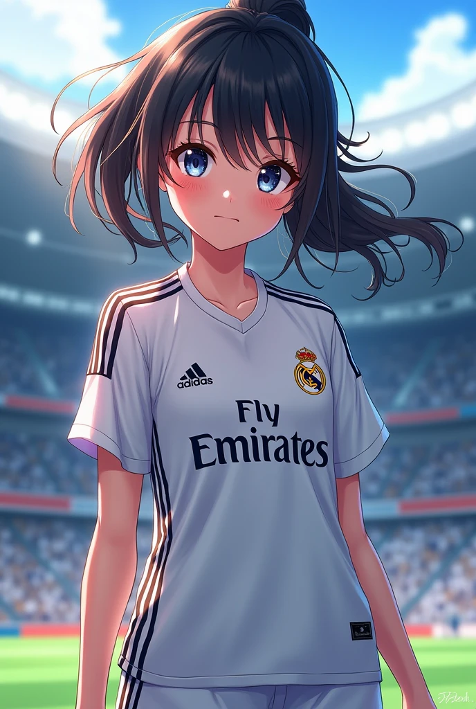 Anime girl with a Real Madrid shirt and a stadium with a bit of blur in the background
