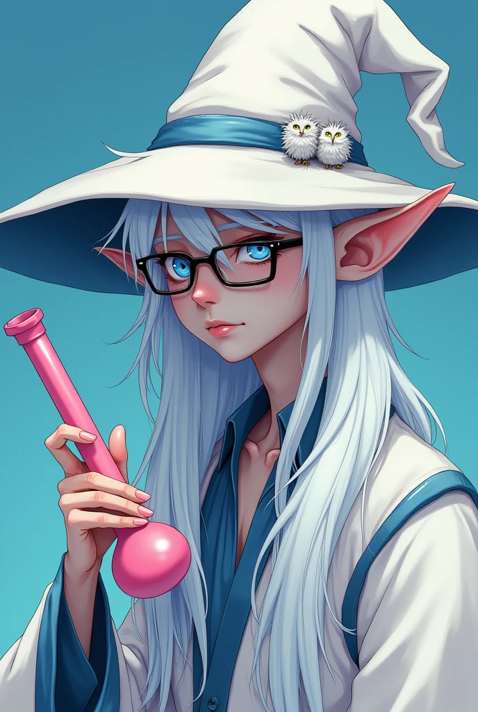 Imagine an albino wizard with a mysterious appearance. your skin is extremely pale, almost translucent, and he is thin. Your blue eyes, with an intriguing peculiarity: one pupil is visibly larger than the other, adding a touch of weirdness. He has long, pointy ears, similar to those of an elf, that stand out beneath the all-white witch hat he wears. This hat has blue details and a blue brim that contrasts with the white..
His tired look is highlighted by the small, square prescription glasses he wears., adding a layer of fragility and wisdom to your appearance. In one of your hands, he holds a pink bong, long hair and owl wings and no beard, drugged hippie, adult appearance, anime style ADULT