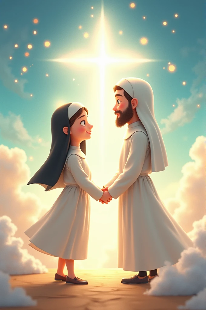Create one congratulating Paula for her decision to become a nun because she will be closer to God with an animated and not very humanized character where they appear hand in hand with God.