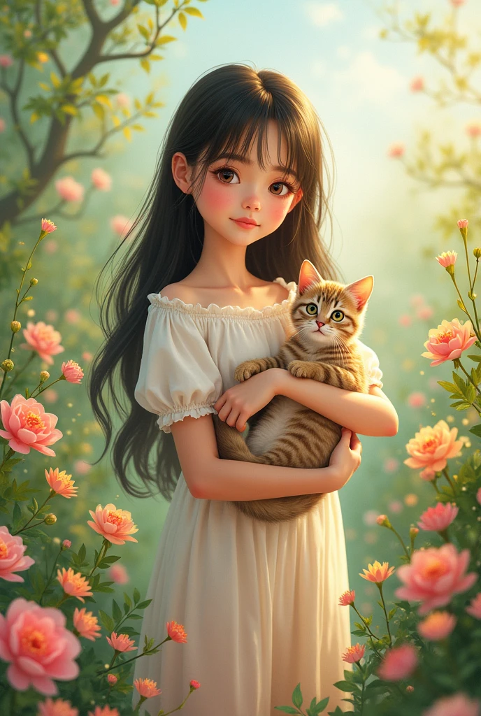 A girl stand with a cat in her hand and There are many flowers in the background