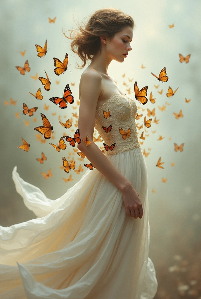 Woman in a white dress with butterflies around her waist, by Johanna Marie Fosie, by Kathy Horn, by Russell Drysdale, by Lucy Peka, flora borsi, by Silvia Pelissero, by Marie Bashkirtseff, half woman half butterfly, by Anita Kunz, by Talla Oppenheim