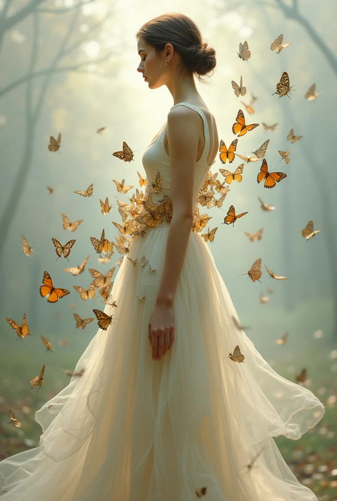 Woman in a white dress with butterflies around her waist, by Johanna Marie Fosie, by Kathy Horn, by Russell Drysdale, by Lucy Peka, flora borsi, by Silvia Pelissero, by Marie Bashkirtseff, half woman half butterfly, by Anita Kunz, by Talla Oppenheim