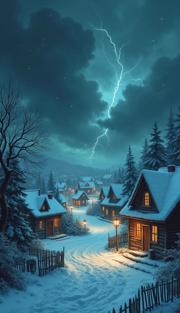 A small village covered in deep snow, with the magical lights starting to dim and flicker. Dark storm clouds loom overhead, and fierce winds blow snow through the air. Villagers gather in concern, their faces worried as the darkness closes in. Trees bend in the harsh wind, and the storm intensifies.