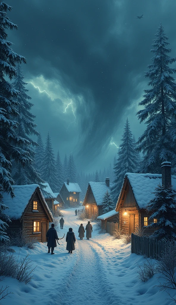 A small village covered in deep snow, with the magical lights starting to dim and flicker. Dark storm clouds loom overhead, and fierce winds blow snow through the air. Villagers gather in concern, their faces worried as the darkness closes in. Trees bend in the harsh wind, and the storm intensifies.