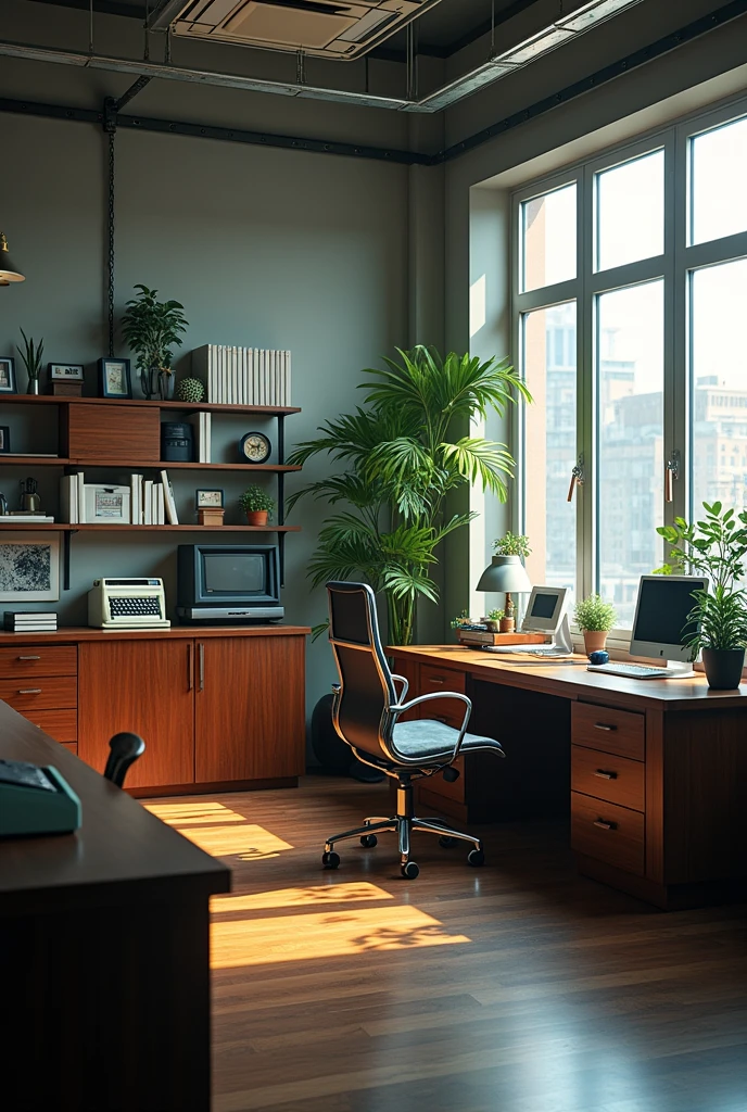 An old-fashioned office from the 1960s, furnished with dark wooden furniture, a bookkeeping desk with a mechanical
calculator, a typewriter, and stacks of papers, begins to transform. The furniture and equipment change from decade
to decade. The typewriter transforms into an old computer, then into a modern laptop; the dark wooden room becomes a
bright, modern office with glass desks and ergonomic chairs.