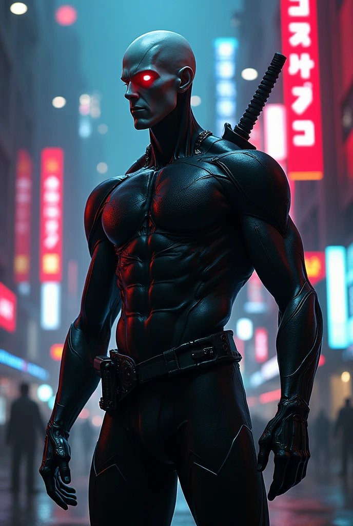 "A tall, muscular figure standing in the shadows of a neon-lit cyberpunk city. He has pale, almost metallic skin, enhanced by biotechnology, and a striking contrast between his eyes: one glowing red cybernetic eye and one intense human eye. He wears a sleek, form-fitting black combat suit made of advanced nanotechnology, with steel-like scales across his chest that shimmer under the light. On his back, a high-tech katana with a vibrating blade, designed to cut through metal effortlessly. The atmosphere around him is tense, with the faint glow of neon signs reflecting off his metallic features, giving him an eerie, otherworldly presence."

This should capture the look and feel of the "Vento de Aço" within the cyberpunk universe.