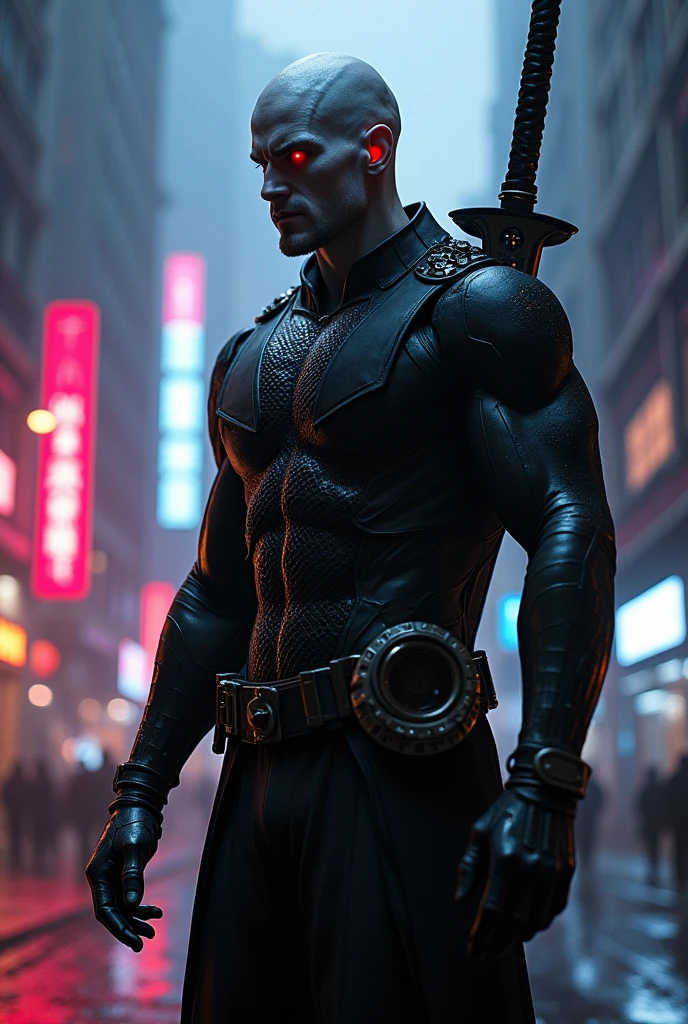 "A tall, muscular figure standing in the shadows of a neon-lit cyberpunk city. He has pale, almost metallic skin, enhanced by biotechnology, and a striking contrast between his eyes: one glowing red cybernetic eye and one intense human eye. He wears a sleek, form-fitting black combat suit made of advanced nanotechnology, with steel-like scales across his chest that shimmer under the light. On his back, a high-tech katana with a vibrating blade, designed to cut through metal effortlessly. The atmosphere around him is tense, with the faint glow of neon signs reflecting off his metallic features, giving him an eerie, otherworldly presence."
This should capture the look and feel of the "Vento de Aço" within the cyberpunk universe.
