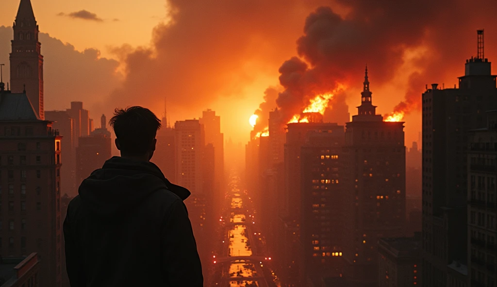 woman standing on top of a building looking at distant desruction, large explosion in distance