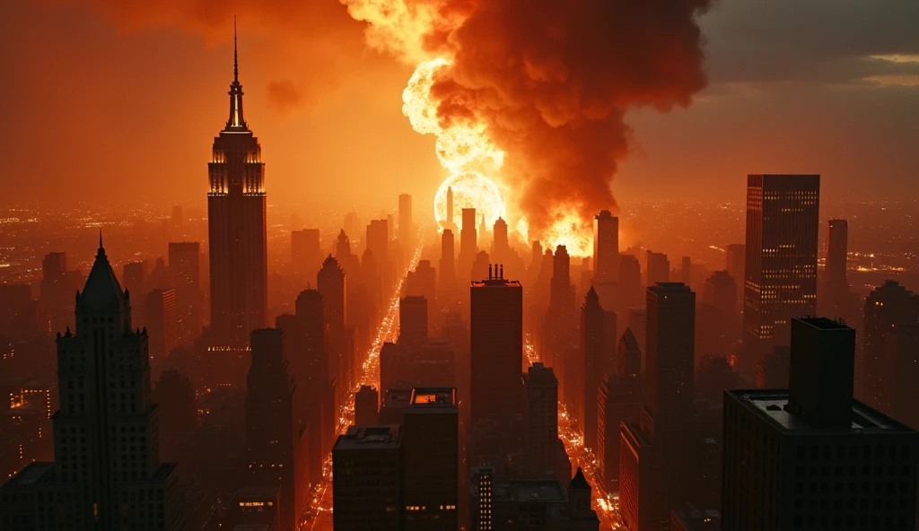 A chaotic city of New York, buildings on fire in broad daylight, explosions, 1 person, detailed face, cinematic lighting, dramatic, dark moody atmosphere, gritty realism, hyperdetailed, 8k, photorealistic, volumetric lighting, chiaroscuro, dystopian, apocalyptic, warm color palette, dramatic shadows, cinematic composition