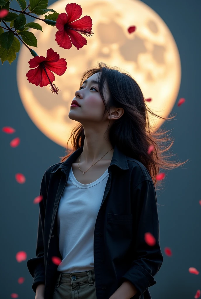 Moon hibiscus with water drops, bright moonlight, Random background, full moon, bokha atmosphere, A beautiful Korean woman, fair skin. well-groomed face, with Korean style hair, black shirt white t-shirt, cargo pants, Flower petals fall in the wind, Nikon photo effects real realistic photos. 