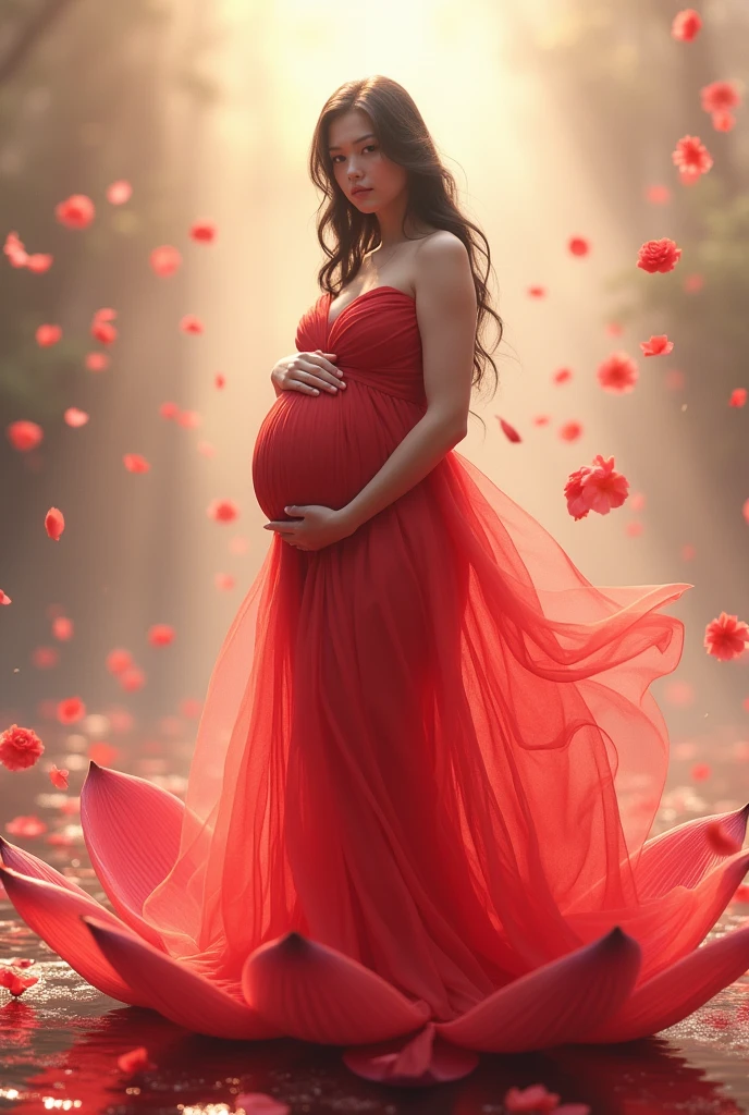 full length, black hair pregnant , woman watching in camera , full body font pose , both hand on belly ,red dress , Beautiful face, dress made of red rose petals, Light pink and light white tones, Esbian Full Body, beautiful backgrouond , daylight, Efeito de Luz, Minimalistic, Solar, pure tenderness, soft lighting, Realism. beautiful woman stand on a super giant lotus with double and long petals (petals made of thin, soft transparent,streaming, fabrics, full background of flowing petals, floating flower, super flying petals, Smoke effect, Fog, some water reflationary mixed with petals), lotus dress, ((ss-through)) full length, red dress full body .both hand on belly , waching in camera looking in camera ,
