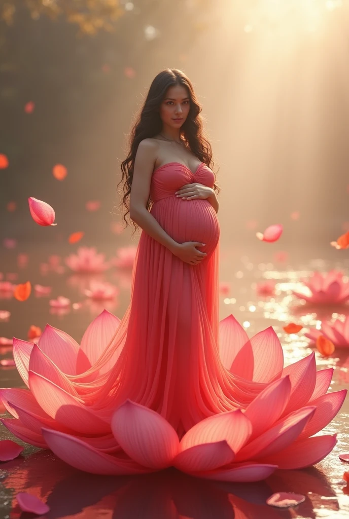 full length, black hair pregnant , woman watching in camera , full body font pose , both hand on belly ,red dress , Beautiful face, dress made of red rose petals, Light pink and light white tones, Esbian Full Body, beautiful backgrouond , daylight, Efeito de Luz, Minimalistic, Solar, pure tenderness, soft lighting, Realism. beautiful woman stand on a super giant lotus with double and long petals (petals made of thin, soft transparent,streaming, fabrics, full background of flowing petals, floating flower, super flying petals, Smoke effect, Fog, some water reflationary mixed with petals), lotus dress, ((ss-through)) full length, red dress full body .both hand on belly , waching in camera looking in camera ,