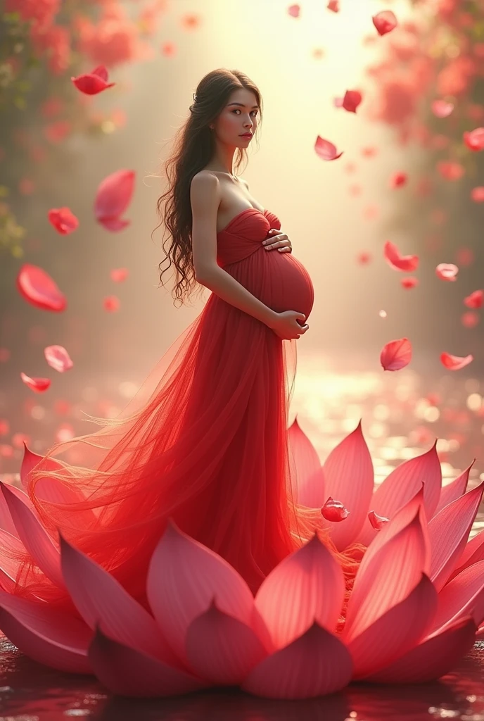 full length, black hair pregnant , woman watching in camera , full body font pose , both hand on belly ,red dress , Beautiful face, dress made of red rose petals, Light pink and light white tones, Esbian Full Body, beautiful backgrouond , daylight, Efeito de Luz, Minimalistic, Solar, pure tenderness, soft lighting, Realism. beautiful woman stand on a super giant lotus with double and long petals (petals made of thin, soft transparent,streaming, fabrics, full background of flowing petals, floating flower, super flying petals, Smoke effect, Fog, some water reflationary mixed with petals), lotus dress, ((ss-through)) full length, red dress full body .both hand on belly , waching in camera looking in camera ,