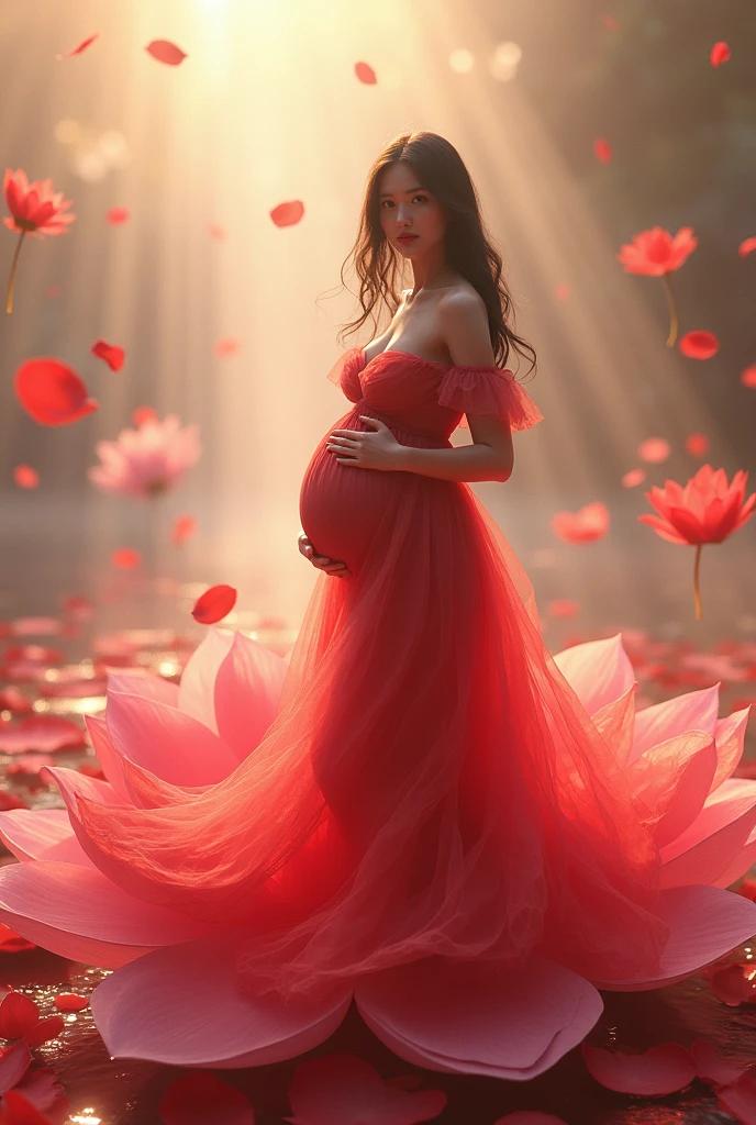 full length, black hair pregnant , woman watching in camera , full body font pose , both hand on belly ,red dress , Beautiful face, dress made of red rose petals, Light pink and light white tones, Esbian Full Body, beautiful backgrouond , daylight, Efeito de Luz, Minimalistic, Solar, pure tenderness, soft lighting, Realism. beautiful woman stand on a super giant lotus with double and long petals (petals made of thin, soft transparent,streaming, fabrics, full background of flowing petals, floating flower, super flying petals, Smoke effect, Fog, some water reflationary mixed with petals), lotus dress, ((ss-through)) full length, red dress full body .both hand on belly , waching in camera looking in camera ,