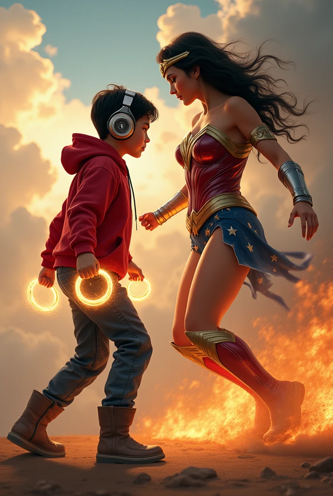  with red hoodie, headphones, magic rings in the hands and rocket boots, Vs, wonder woman (Big tits), fighting, power, fiction, full body, 2 persons, magic lasso, hight, fall, fire in boots, poweful spells, realistic, gun, flying in the sky, love, passion, kissing, Romance, kiss on the mouth, tongue kiss, kiss on the breasts