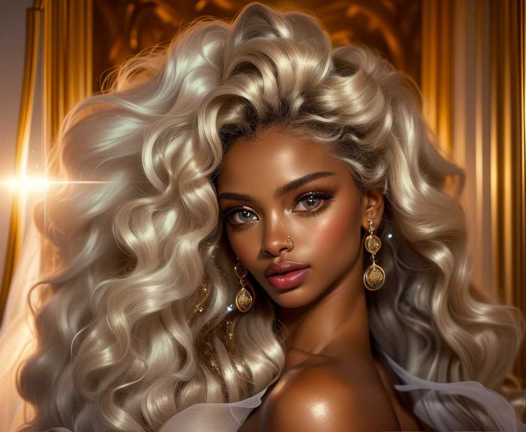 ((hyperrealism)), ((masterpiece)), ((breathtaking)) photo portrait of a gorgeous greek-african goddess with voluminous curly blonde hair, huge light grey sparkling eyes, very full luscious lips, ((dark silky skin with ethereal shimmer)), long eyelashes, very long neck, beautiful straight eyebrows, ((angelic beauty))