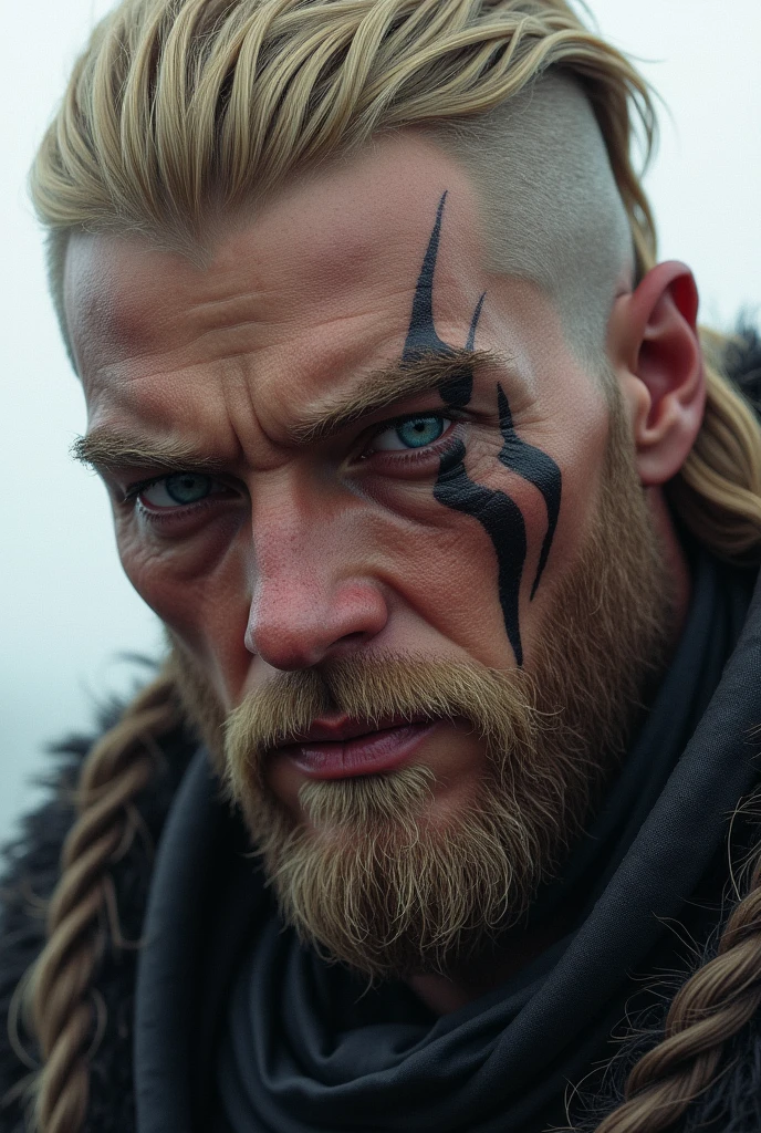 A male Nordic character with blond hair covering only his left eye and shaved on the sides with 3 lines on the right side, having a scar on his right eye and blue eyes, has a thin beard