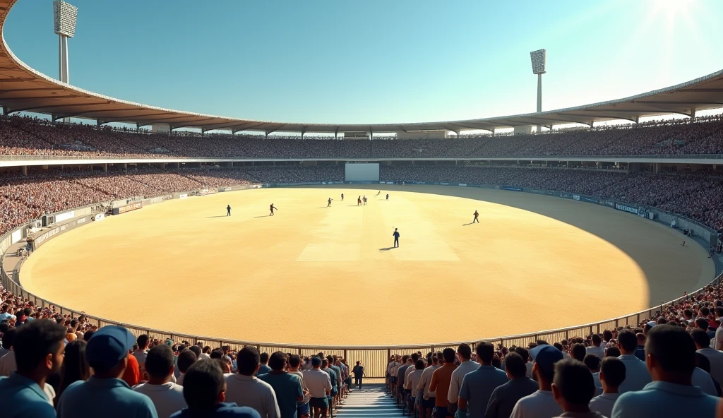 Audience in cricket stadium sand ground no grass clear sky view realistic 