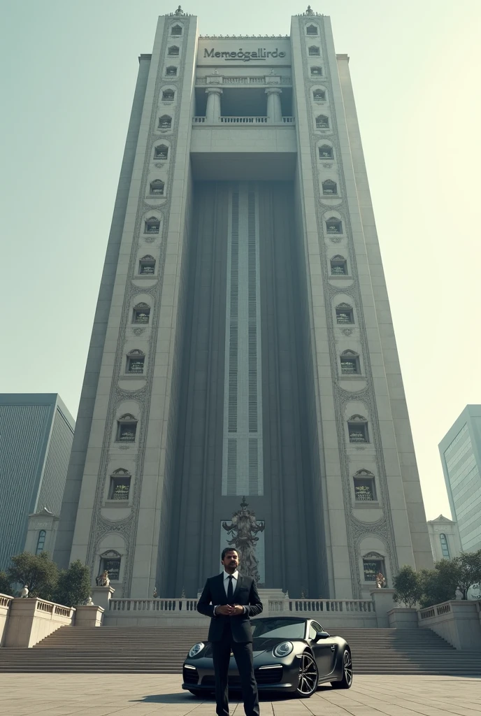 Create a tower with the name MemoGallardo on it The building should look billions heavy And in front of the building stands the company boss, he is 2 with a luxury sports car