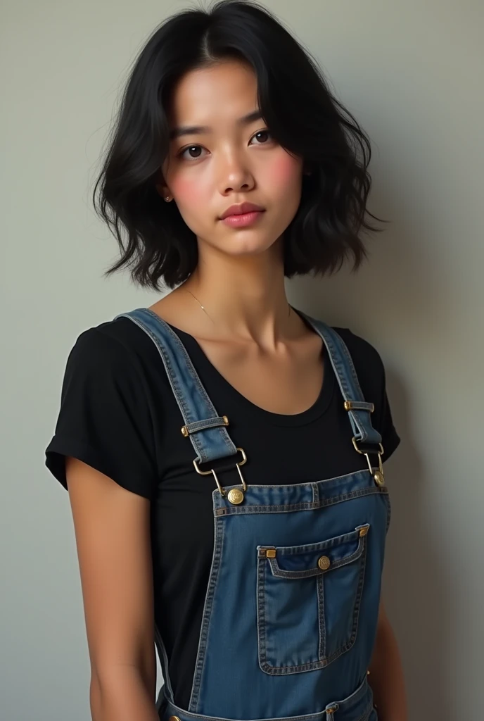 a one woman, brown with loose, wavy black hair parted to the side, narrow brown eyes, rounded and pulled chins, short and thin stature of Peruvian descendants, sharp face
. Wearing a black blouse and denim dungarees