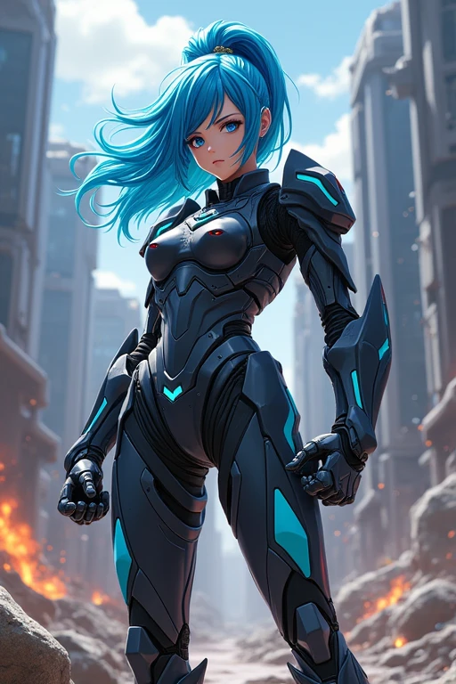 Anime man blue Hair With armor Tactic In a fighting stance