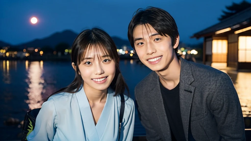 Smiling Hina Kikuchi、Taking a photo with a boy with a center part, office, Night view, Japanese