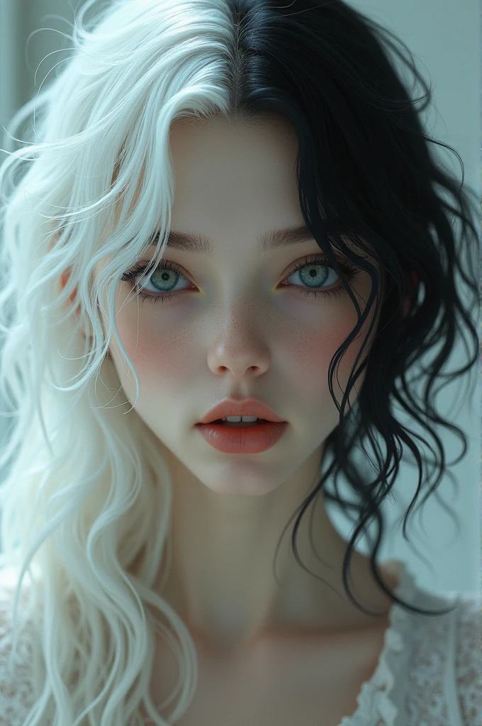 Young woman with white hair and a peculiar lock of black hair