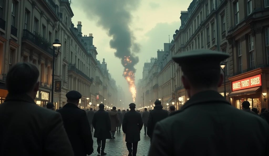 cinematic, dramatic, dark cityscape of london 1940, people in the streets looking up in fear, bombs falling from the sky, detailed photorealistic 8k, cinematic lighting, rich color palette, gritty realistic style, tension and chaos, urban destruction, smoke and debris, realistic facial expressions, gripping wartime scene