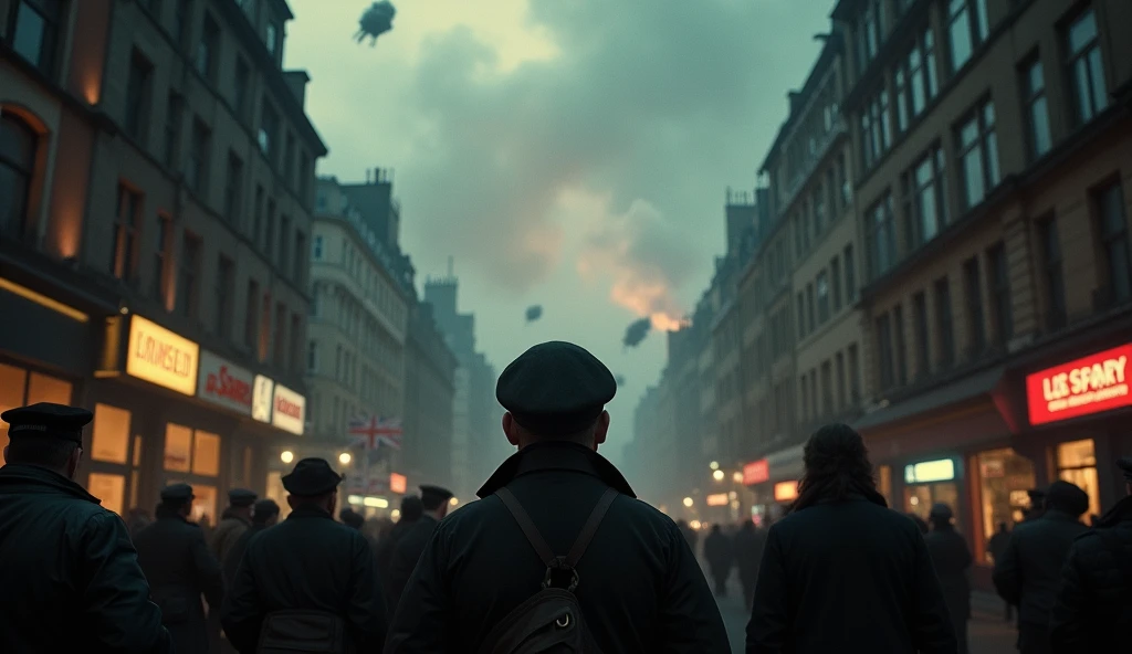 cinematic, dramatic, dark cityscape of london 1940, people in the streets looking up in fear, bombs falling from the sky, detailed photorealistic 8k, cinematic lighting, rich color palette, gritty realistic style, tension and chaos, urban destruction, smoke and debris, realistic facial expressions, gripping wartime scene