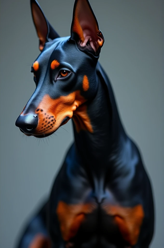 Generate a high-resolution, ultra-realistic image of a Doberman Pinscher with a sleek, muscular build. The dog’s coat should be in vibrant colors like red or blue, with a serious and alert expression, capturing its formidable presence.”