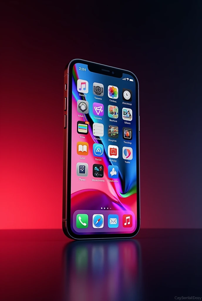 an iphone with apps on display, on a background with red and black colors